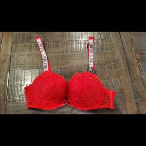 NEW Victoria's Secret Bombshell Very Sexy Push Up Bra 36B Red Bling Jewels Lace